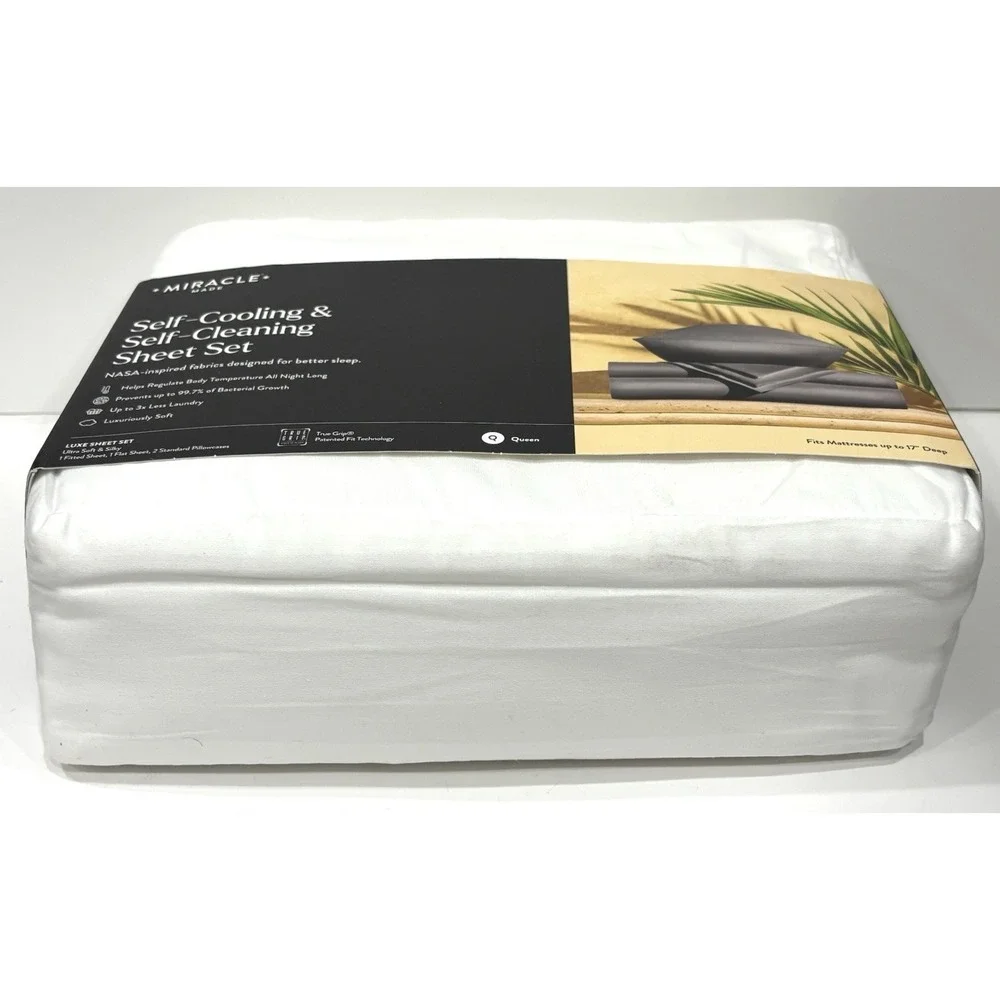 Miracle Made Queen Luxe Sateen Sheet Set White Self Cooling Silver Infused 4 Pc